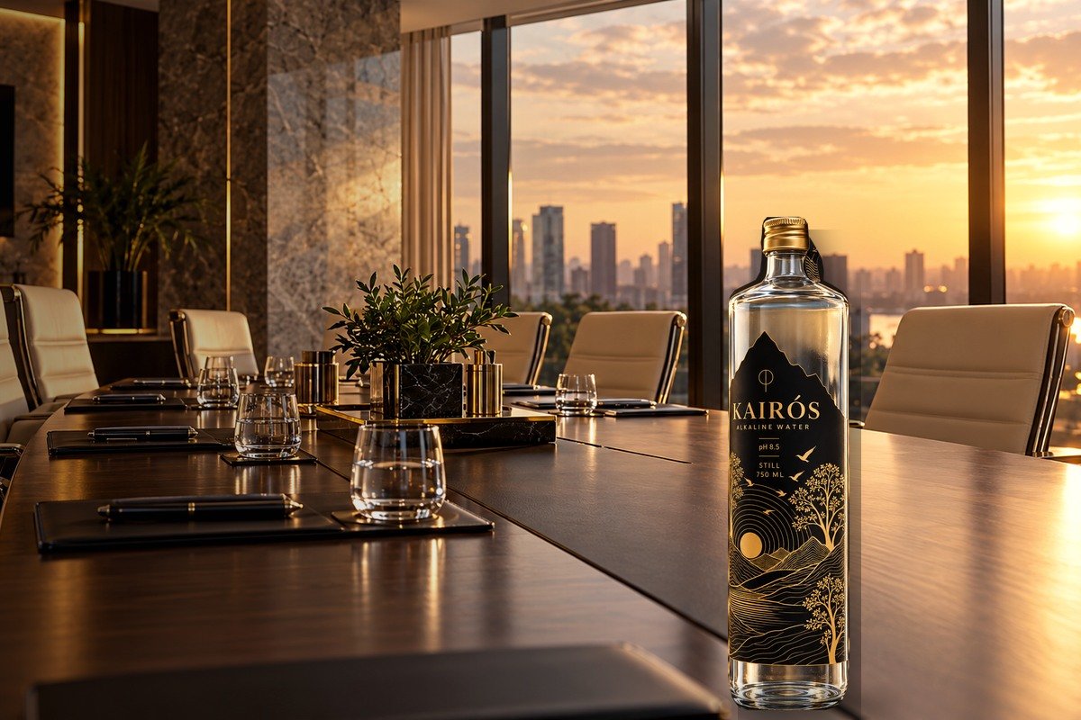 Kairós bottle presented in a premium corporate boardroom