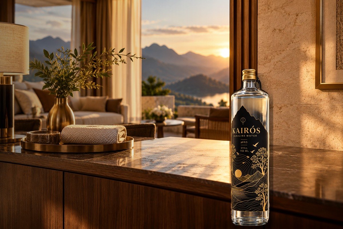 Kairós bottle styled on a boutique hotel suite console at golden hour