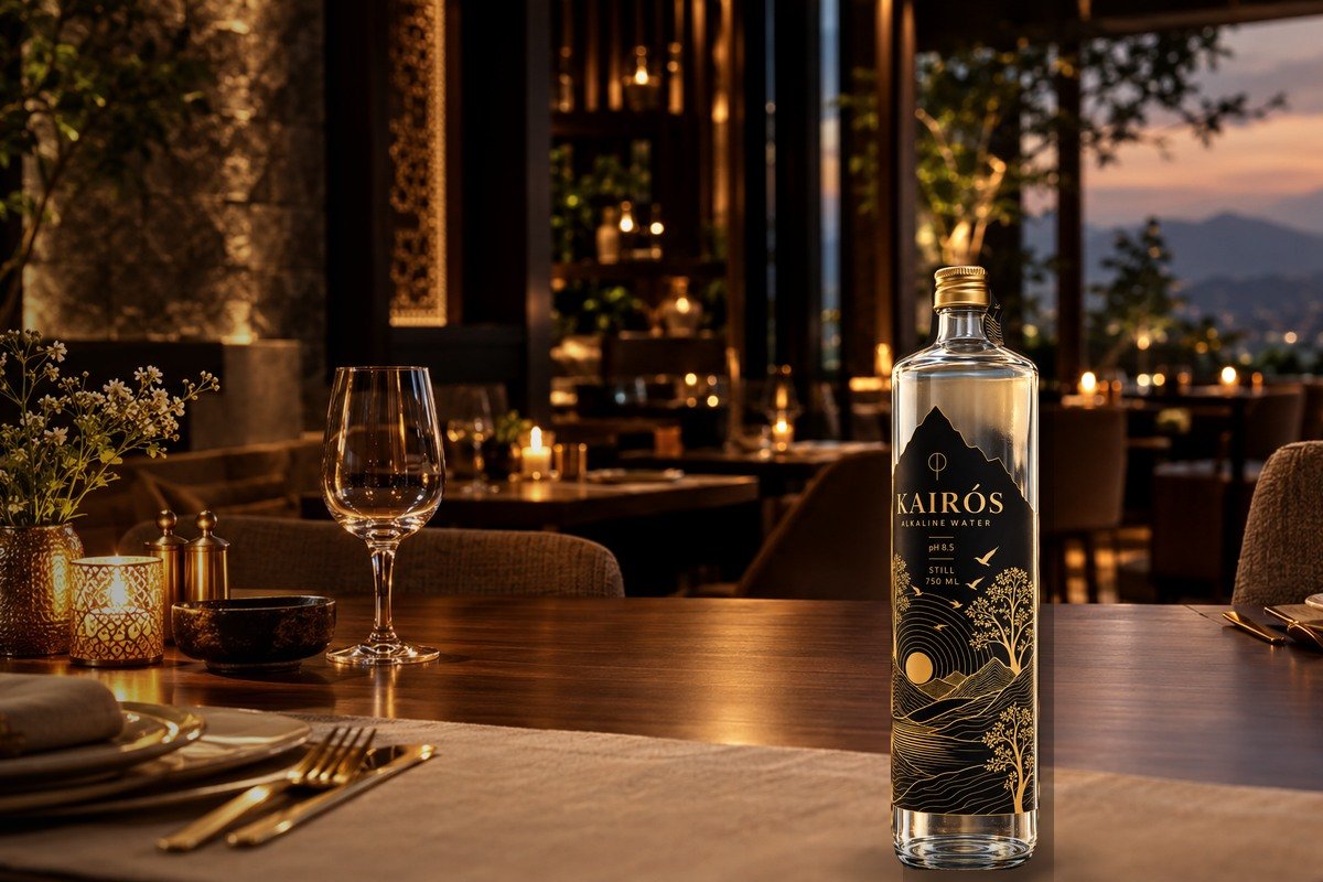 Kairós bottle complementing a candlelit fine-dining table