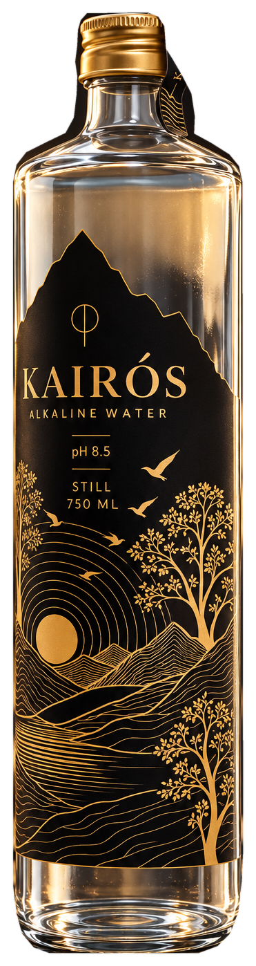 Kairós 750 ml glass bottle with black-and-antique-gold nature-inspired label