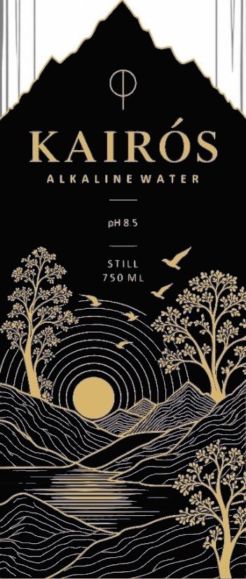 Black-and-gold front label artwork for Kairós alkaline water